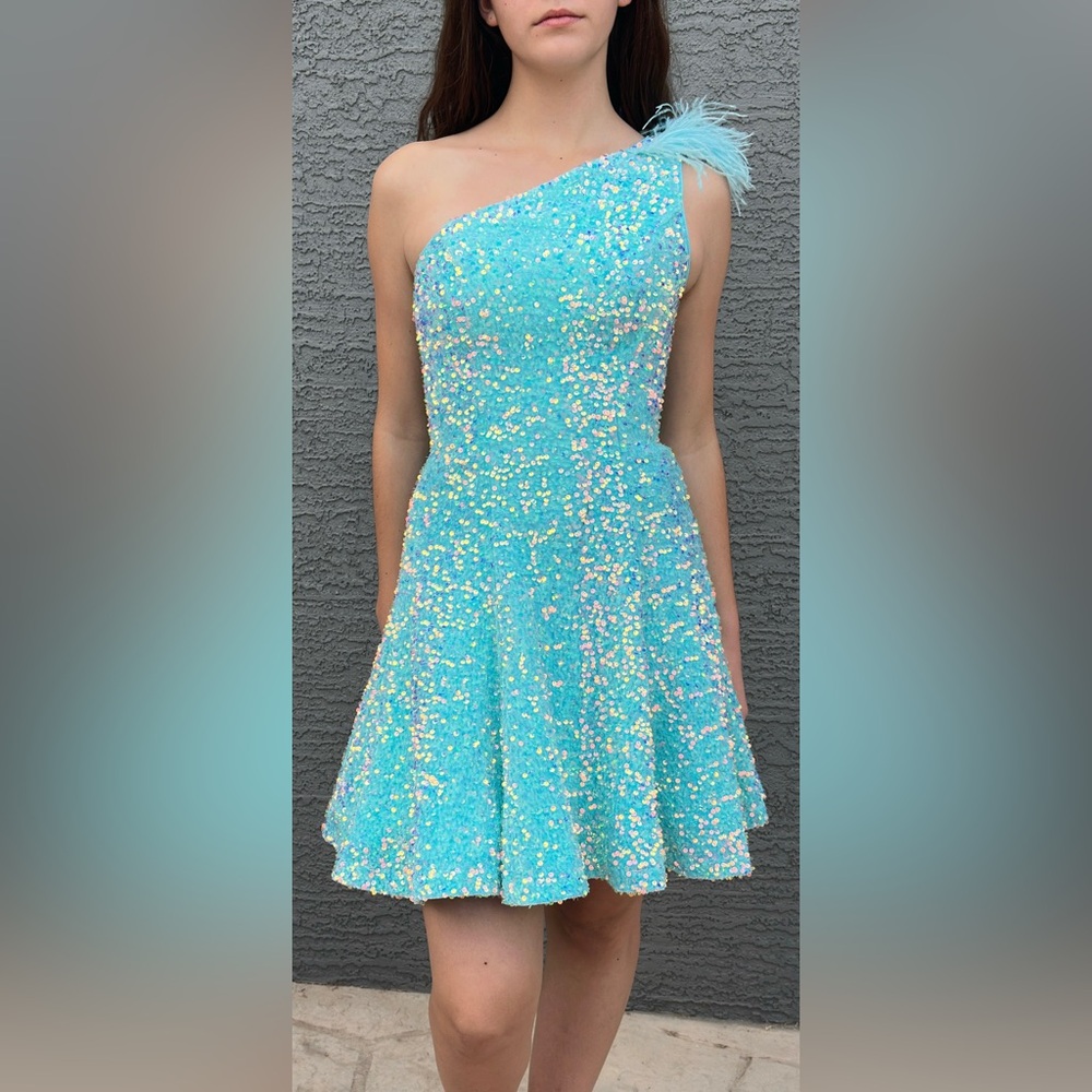 Johnathan Kayne One Shoulder Robin’s Egg Sequined A-line Mini w Feather Detail
